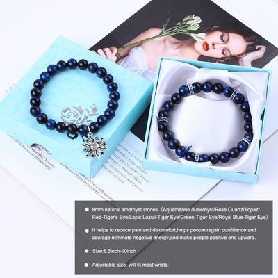 Elastyczny Okrągły Ciemno Błękitny 8mm Tiger Eye Kamień Szlachetny Bracelet Uzdrawianie Energii Czar Biżuteria