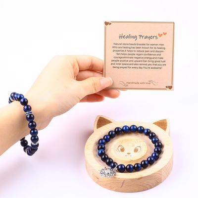 Elastyczny Okrągły Ciemno Błękitny 8mm Tiger Eye Kamień Szlachetny Bracelet Uzdrawianie Energii Czar Biżuteria