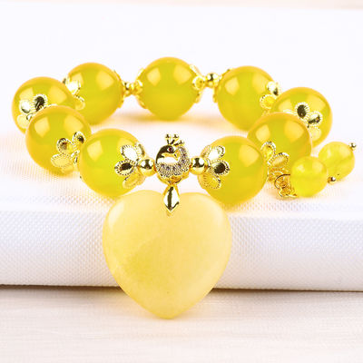14MM Natural Energy Żółty Chalcedon Z Żółtym Jadem Rzeźbienie Serca Lucky Crystal Bead Bracelet