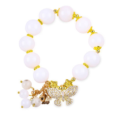 Naturalny biały achat 14mm Kryształowy pojedynczy krąg Ręka String Butterfly Charm Bracelet For Gift
