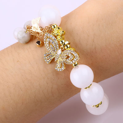 Naturalny biały achat 14mm Kryształowy pojedynczy krąg Ręka String Butterfly Charm Bracelet For Gift