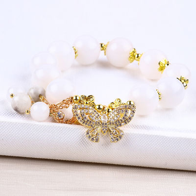 Naturalny biały achat 14mm Kryształowy pojedynczy krąg Ręka String Butterfly Charm Bracelet For Gift