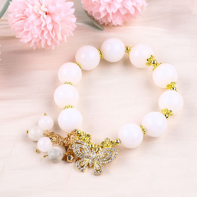 Naturalny biały achat 14mm Kryształowy pojedynczy krąg Ręka String Butterfly Charm Bracelet For Gift