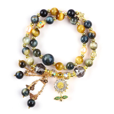 Unikalny 8mm z Dream Tiger Eye SunFlower Spinner Charm Blessing Crystal Dwuwarstwowa bransoletka