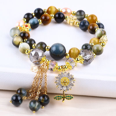 Unikalny 8mm z Dream Tiger Eye SunFlower Spinner Charm Blessing Crystal Dwuwarstwowa bransoletka