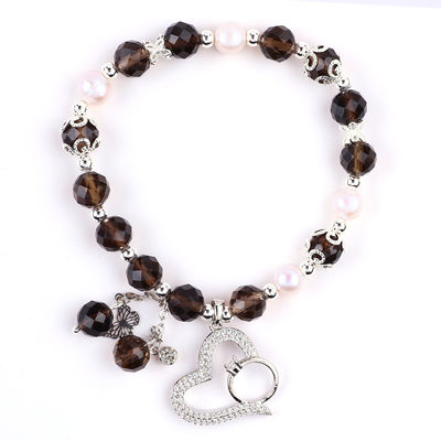 Naturalny Kwartosz Dymny i Biała Perła Reiki Uzdrawianie Elastyczny Serce Czar Stretch Bracelet