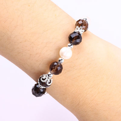 Naturalny Kwartosz Dymny i Biała Perła Reiki Uzdrawianie Elastyczny Serce Czar Stretch Bracelet