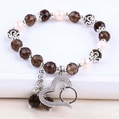 Naturalny Kwartosz Dymny i Biała Perła Reiki Uzdrawianie Elastyczny Serce Czar Stretch Bracelet