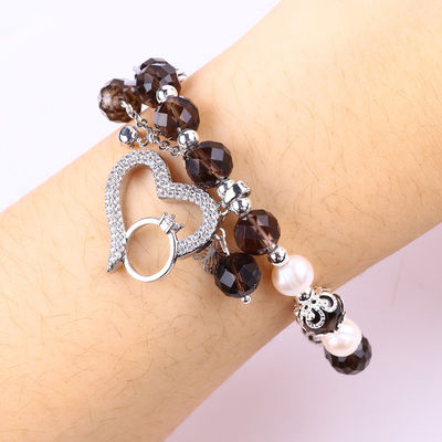 Naturalny Kwartosz Dymny i Biała Perła Reiki Uzdrawianie Elastyczny Serce Czar Stretch Bracelet