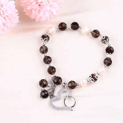 Naturalny Kwartosz Dymny i Biała Perła Reiki Uzdrawianie Elastyczny Serce Czar Stretch Bracelet