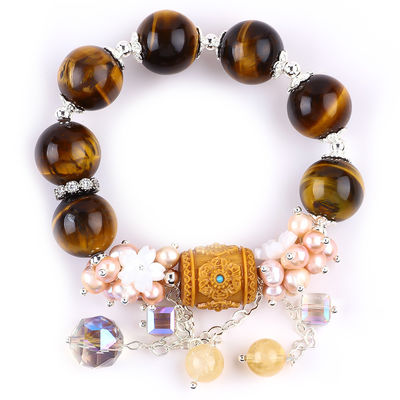 Naturalny 14mm Piękny Tiger Eye And Flower Świeżowodna Perła Z Dangle Chain Bead Bracelet