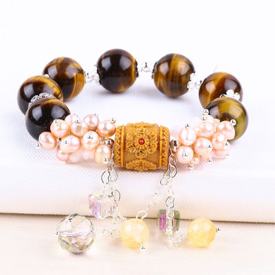 Naturalny 14mm Piękny Tiger Eye And Flower Świeżowodna Perła Z Dangle Chain Bead Bracelet