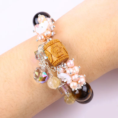Naturalny 14mm Piękny Tiger Eye And Flower Świeżowodna Perła Z Dangle Chain Bead Bracelet