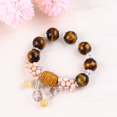 Naturalny 14mm Piękny Tiger Eye And Flower Świeżowodna Perła Z Dangle Chain Bead Bracelet