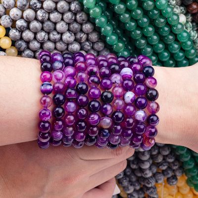 Purpurowy Agat Stripped Healing 8mm Okrągłe Kamienie Szlachetne