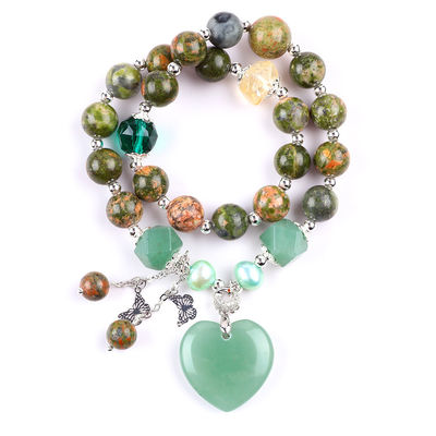 Ręcznie wykonana kamienie szlachetne perłowa bransoletka naturalna Unakite Kamień bransoletka regulowana serce zielony Aventurine Charms bransoletka dla P