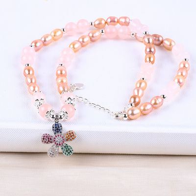 Słodkowodny naszyjnik perłowy Rose Quartz 6mm Beads Crystal Sweater Naszyjnik