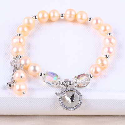 7mm Pink Pearl Stretch Bracelet z białą powłoką