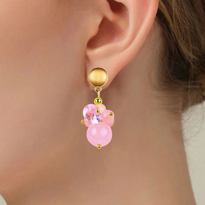 Różowy Chalcedony Crystal Stone Unikalny DIY Owalny Wisiorek Okrągłe Perły Stud Kolczyki Do Codziennego Noszenia