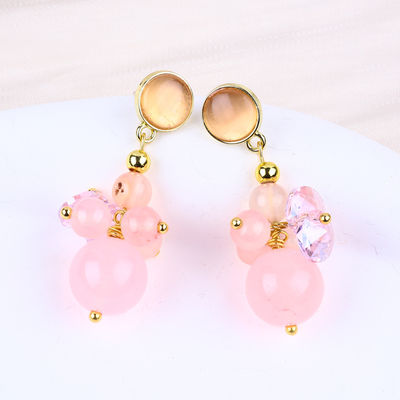 Różowy Chalcedony Crystal Stone Unikalny DIY Owalny Wisiorek Okrągłe Perły Stud Kolczyki Do Codziennego Noszenia