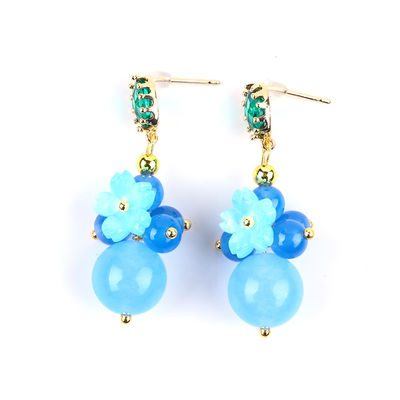 Błękitny Chalcedony Crystal ręcznie wykonane DIY owalny wisiorek perły stud kolczyki nadające się do codziennego noszenia