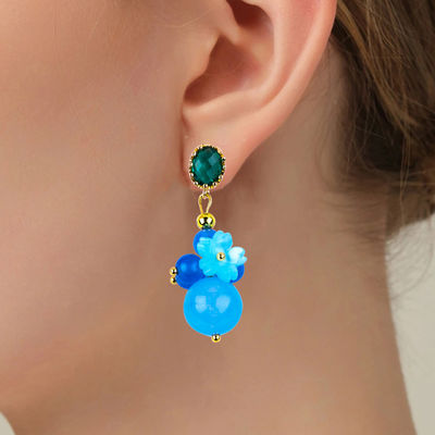 Błękitny Chalcedony Crystal ręcznie wykonane DIY owalny wisiorek perły stud kolczyki nadające się do codziennego noszenia