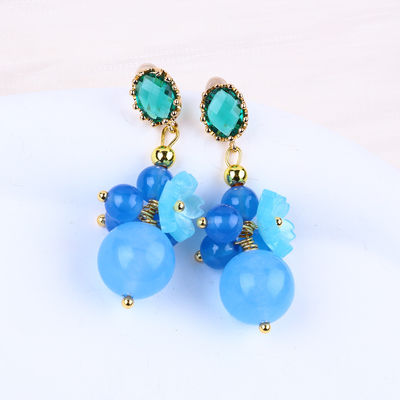 Błękitny Chalcedony Crystal ręcznie wykonane DIY owalny wisiorek perły stud kolczyki nadające się do codziennego noszenia
