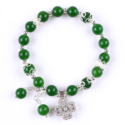 8MM Ciemniejszy zielony Jade Stone Z Spinner Flower Charm Duchowe uzdrawianie Okrągły kształt Stretch Bead Bracelet