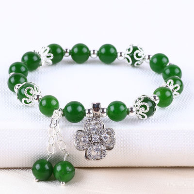 8MM Ciemniejszy zielony Jade Stone Z Spinner Flower Charm Duchowe uzdrawianie Okrągły kształt Stretch Bead Bracelet