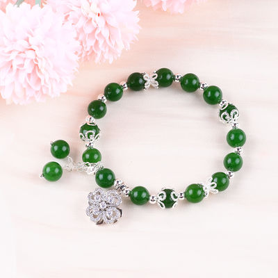 8MM Ciemniejszy zielony Jade Stone Z Spinner Flower Charm Duchowe uzdrawianie Okrągły kształt Stretch Bead Bracelet