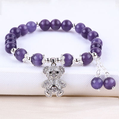 Kamienie szlachetne Purpurowe Kocie Oko Z Niedźwiedziem Ręcznie Robione Okrągłe Kształt Stretch Bead Bracelet Dla Prezentu biżuterii