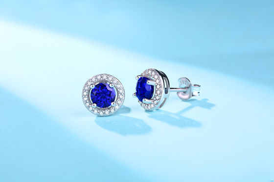 Niebieski 925 Sterling Silver Zircon Round Gemstone Stud kolczyki do podarowania