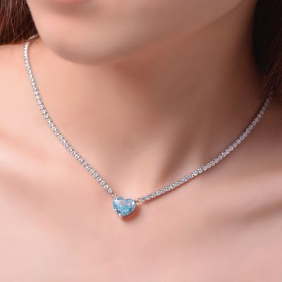 Elegantny naszyjnik w kształcie serca Aqua Blue 925 Sterling Silver Heart Gemstone